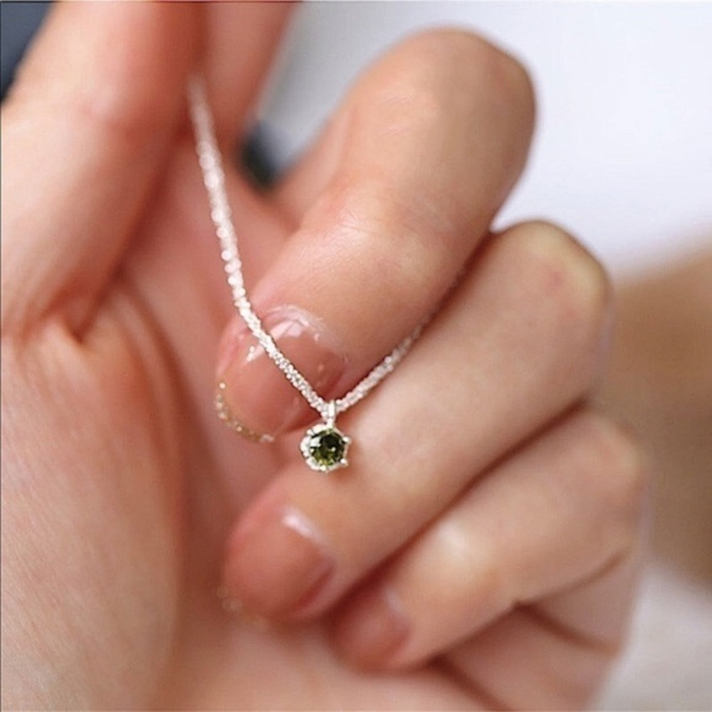 Dainty Green Gemstone Solitaire Necklace Silver Chain Minimalist Pendant